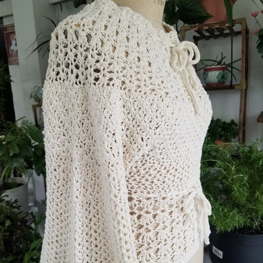 Crochet Bell Bottom Sleeve Ivory Cotton Sweater SM Designer Handmade